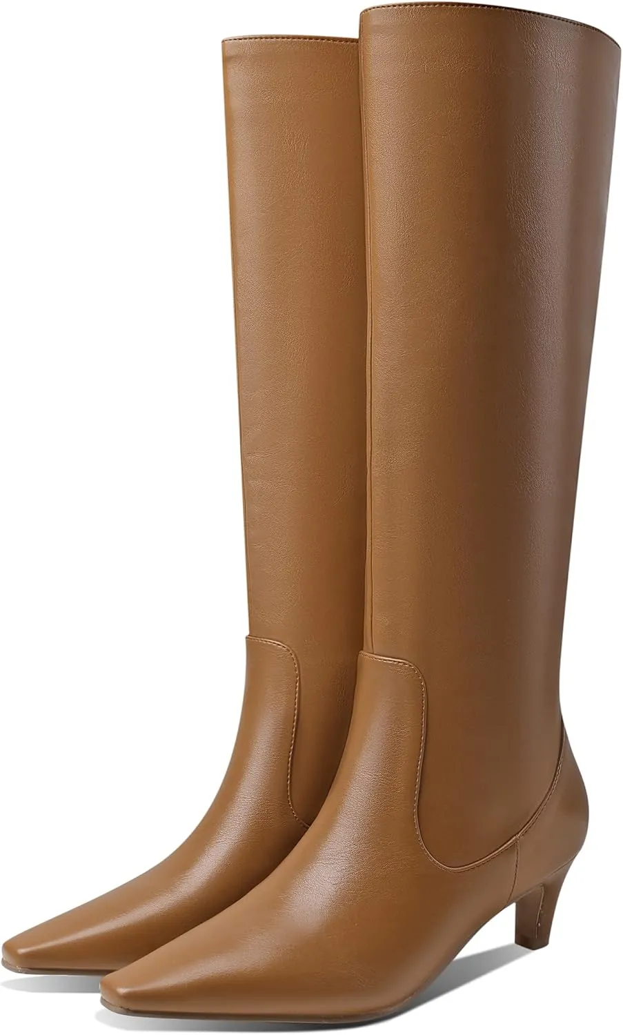 LEMUTISME Women's Fashion Square Toe Matte Leather Solid Color Wide Calf Comfortable Slip On Low Kitten Heel Dress Knee High Boots