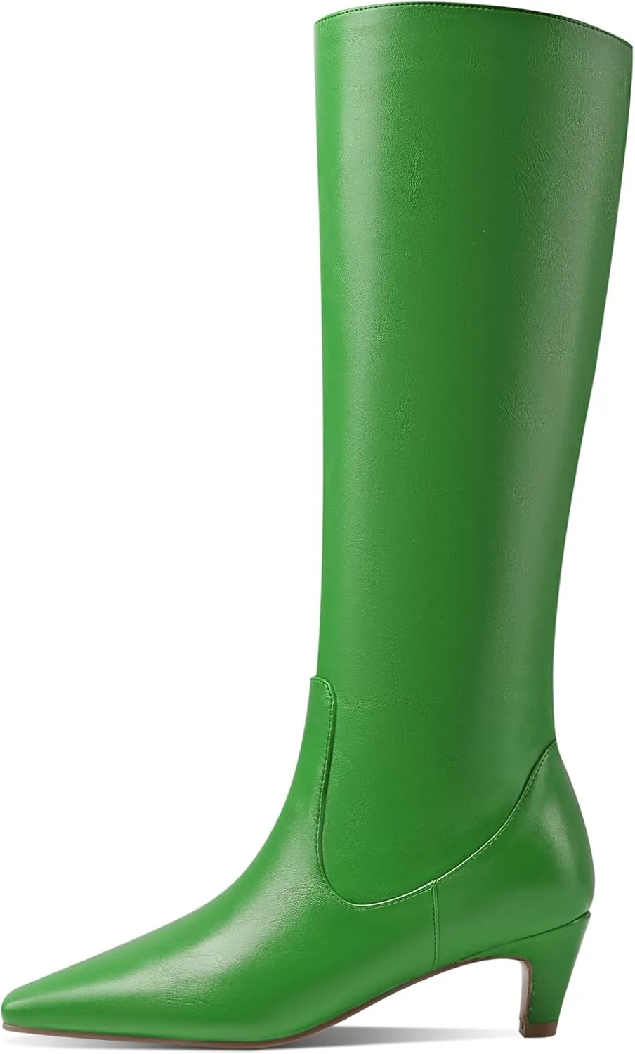 LEMUTISME Women's Fashion Square Toe Matte Leather Solid Color Wide Calf Comfortable Slip On Low Kitten Heel Dress Knee High Boots