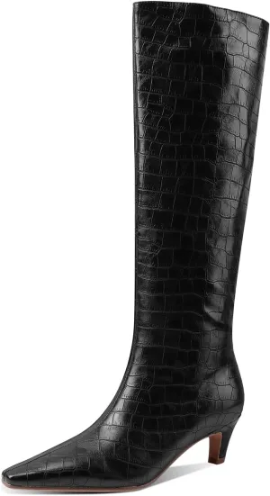 LEMUTISME Women's Fashion Square Toe Matte Leather Solid Color Wide Calf Comfortable Slip On Low Kitten Heel Dress Knee High Boots