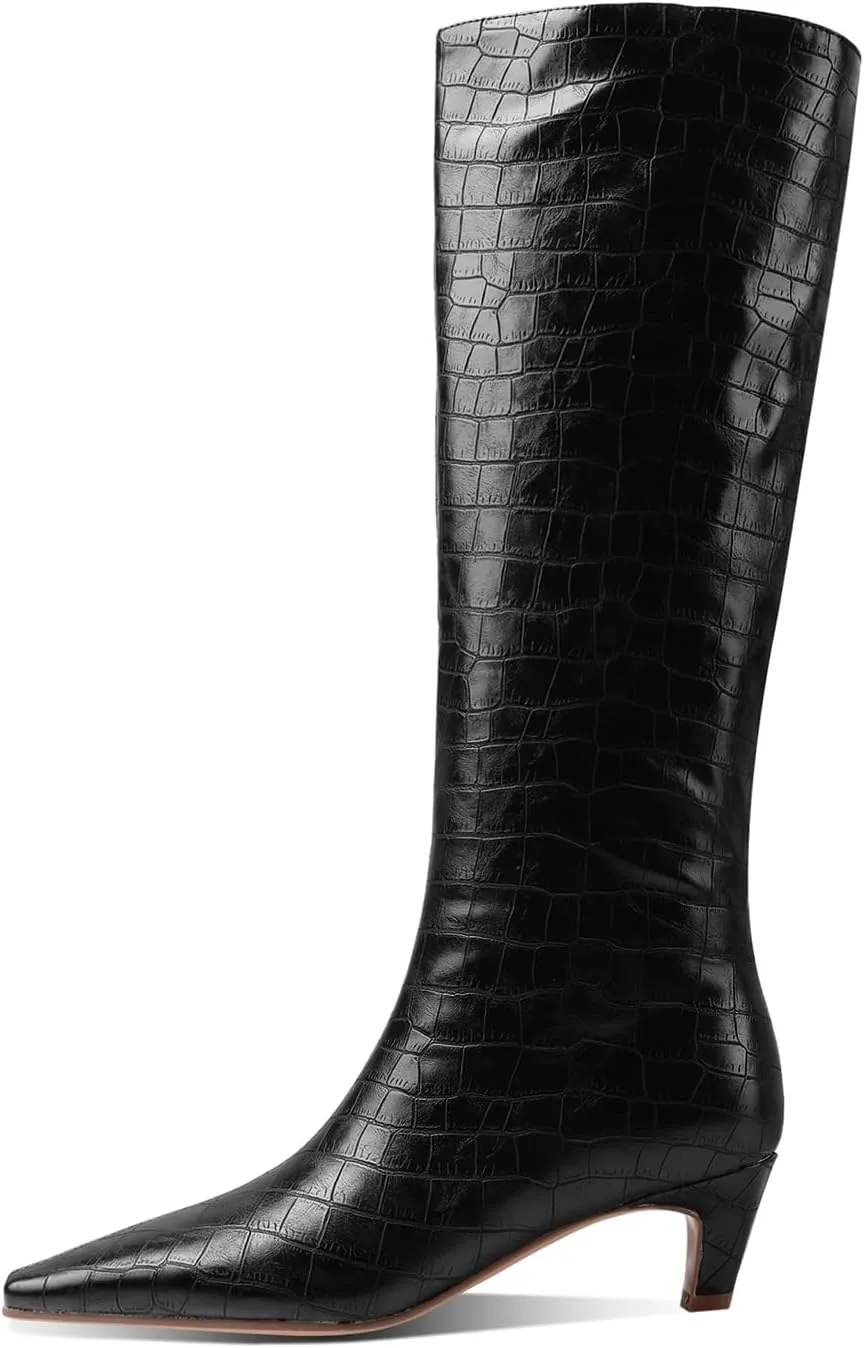 LEMUTISME Women's Fashion Square Toe Matte Leather Solid Color Wide Calf Comfortable Slip On Low Kitten Heel Dress Knee High Boots