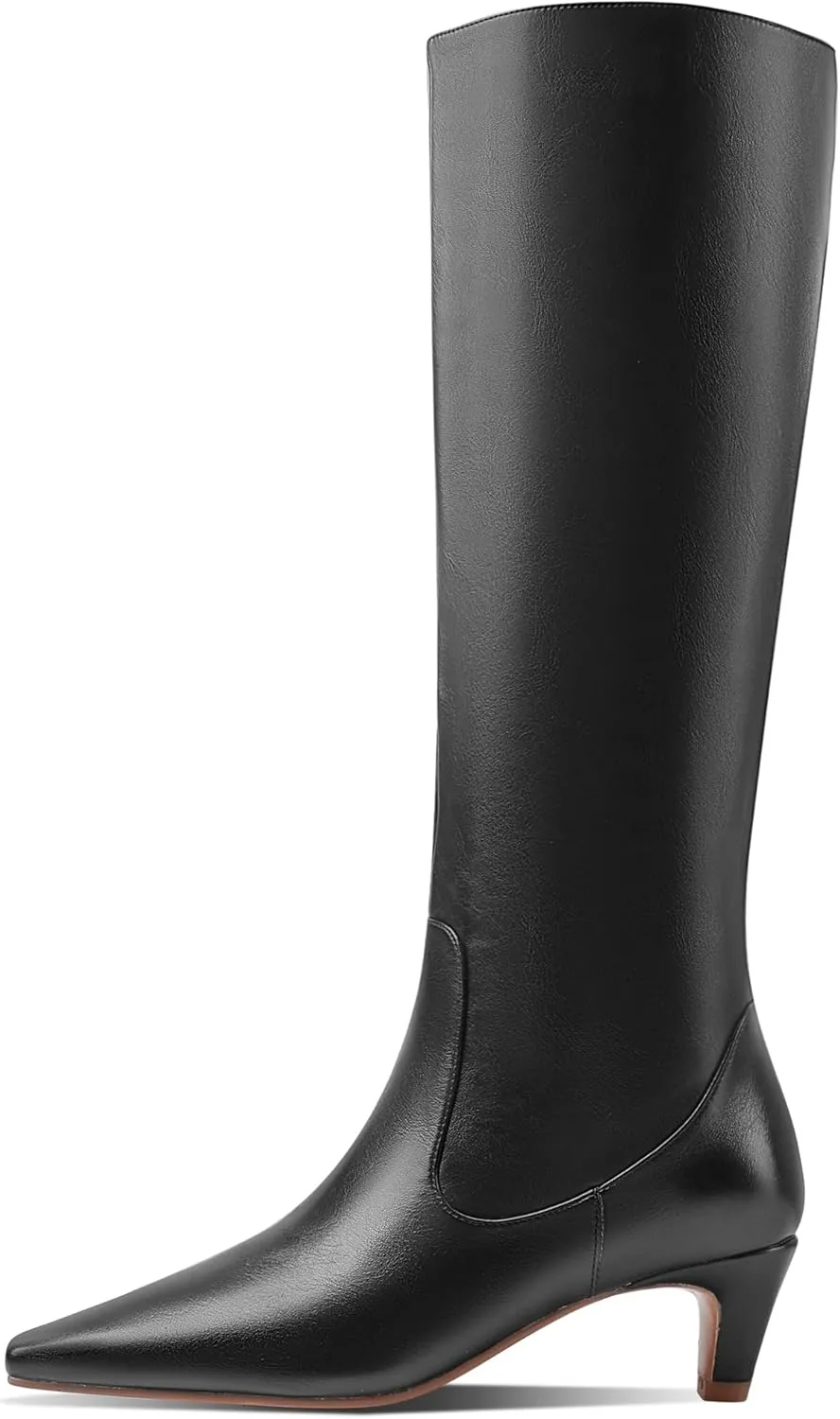 LEMUTISME Women's Fashion Square Toe Matte Leather Solid Color Wide Calf Comfortable Slip On Low Kitten Heel Dress Knee High Boots