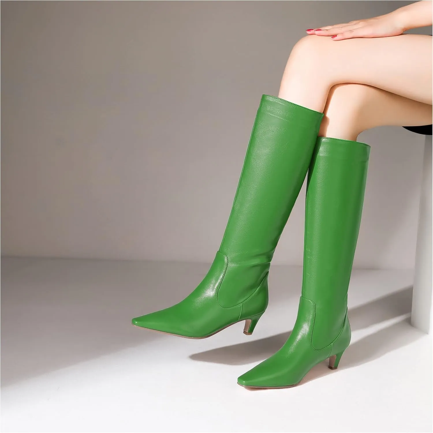 LEMUTISME Women's Fashion Square Toe Matte Leather Solid Color Wide Calf Comfortable Slip On Low Kitten Heel Dress Knee High Boots