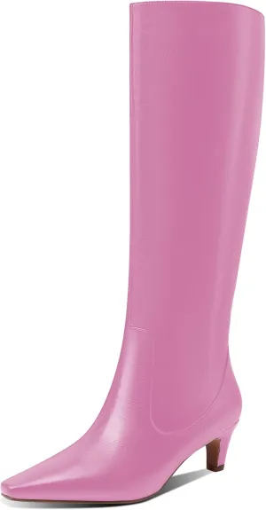 LEMUTISME Women's Fashion Square Toe Matte Leather Solid Color Wide Calf Comfortable Slip On Low Kitten Heel Dress Knee High Boots