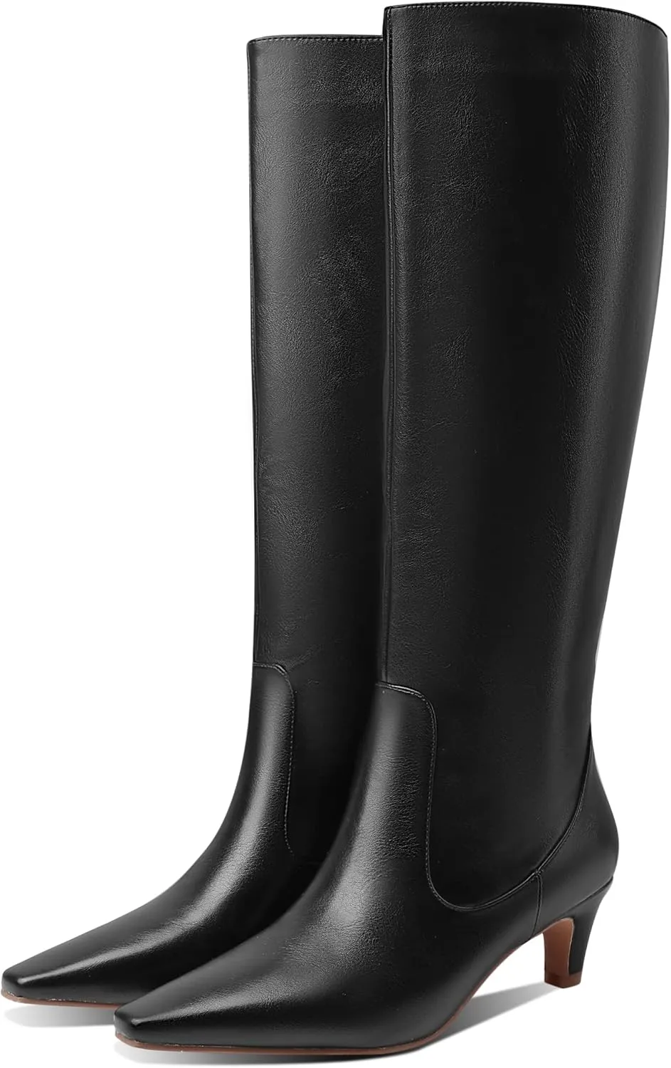 LEMUTISME Women's Fashion Square Toe Matte Leather Solid Color Wide Calf Comfortable Slip On Low Kitten Heel Dress Knee High Boots