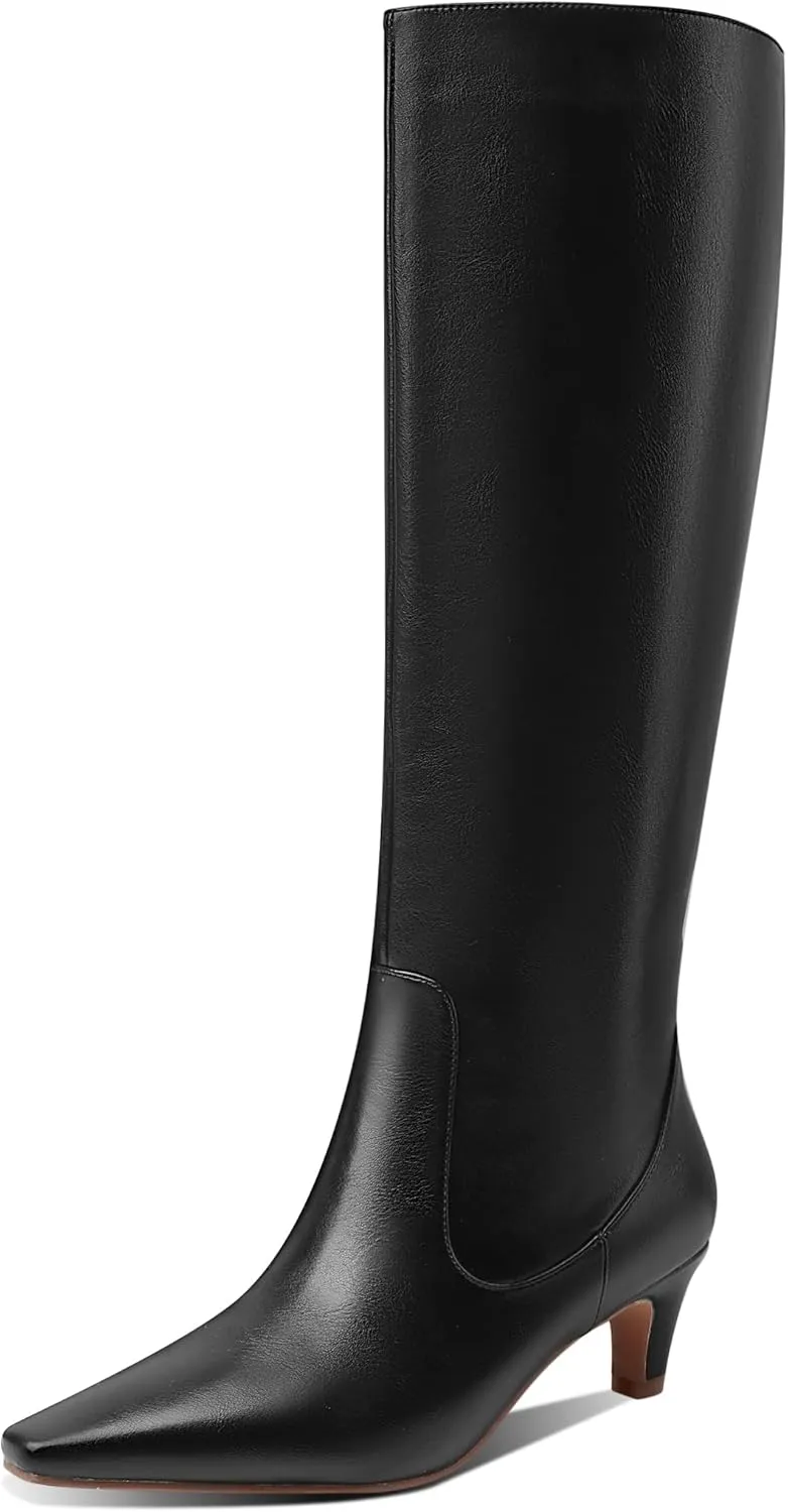 LEMUTISME Women's Fashion Square Toe Matte Leather Solid Color Wide Calf Comfortable Slip On Low Kitten Heel Dress Knee High Boots