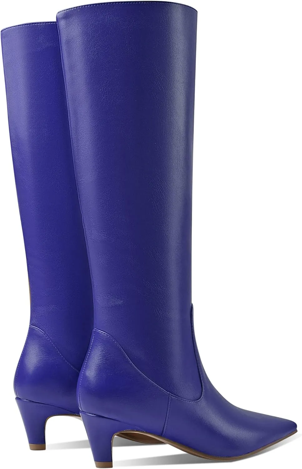 LEMUTISME Women's Fashion Square Toe Matte Leather Solid Color Wide Calf Comfortable Slip On Low Kitten Heel Dress Knee High Boots