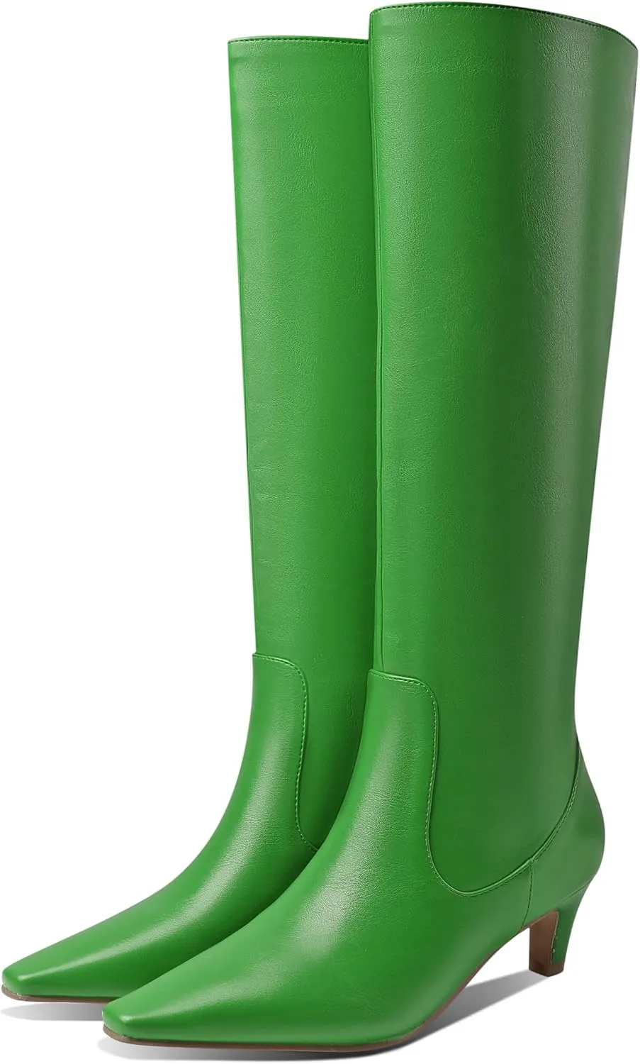 LEMUTISME Women's Fashion Square Toe Matte Leather Solid Color Wide Calf Comfortable Slip On Low Kitten Heel Dress Knee High Boots