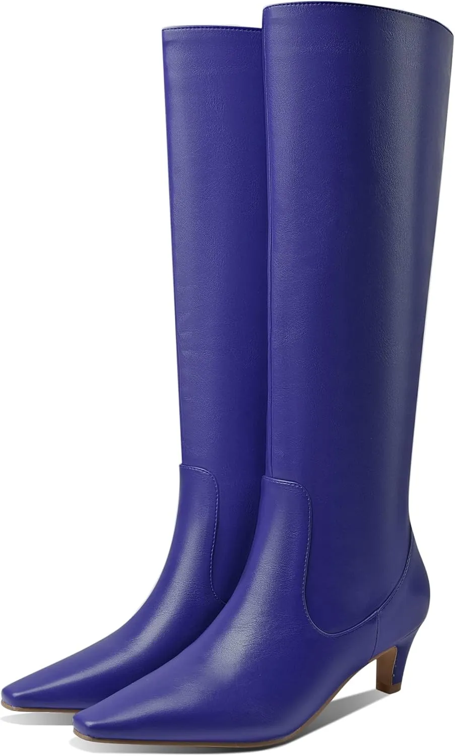LEMUTISME Women's Fashion Square Toe Matte Leather Solid Color Wide Calf Comfortable Slip On Low Kitten Heel Dress Knee High Boots