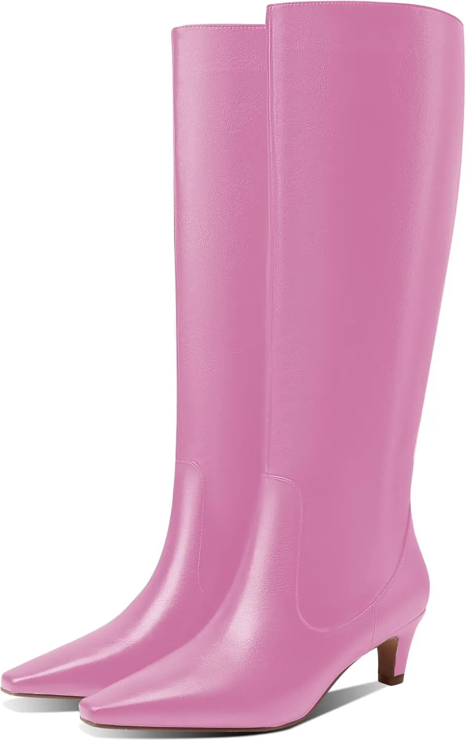 LEMUTISME Women's Fashion Square Toe Matte Leather Solid Color Wide Calf Comfortable Slip On Low Kitten Heel Dress Knee High Boots