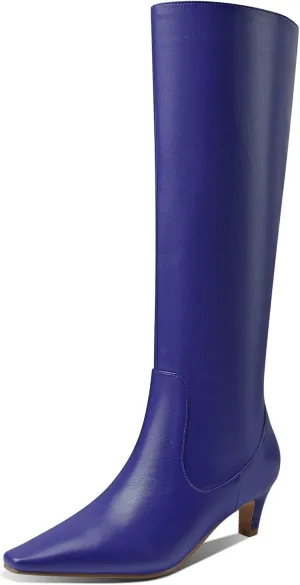 LEMUTISME Women's Fashion Square Toe Matte Leather Solid Color Wide Calf Comfortable Slip On Low Kitten Heel Dress Knee High Boots