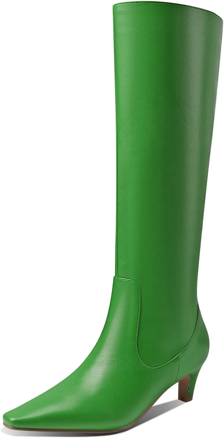 LEMUTISME Women's Fashion Square Toe Matte Leather Solid Color Wide Calf Comfortable Slip On Low Kitten Heel Dress Knee High Boots