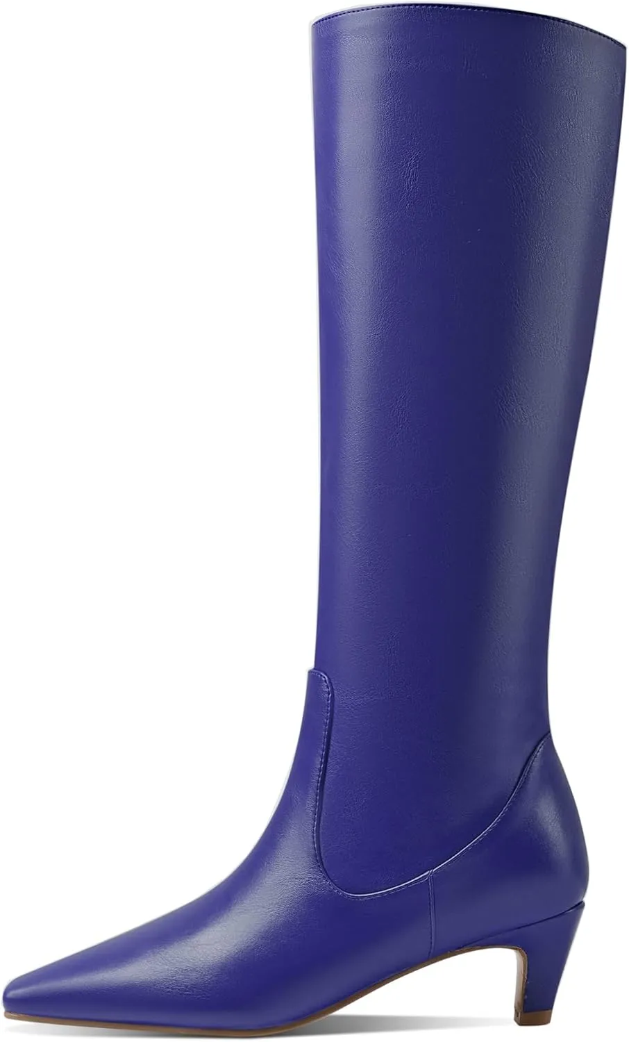 LEMUTISME Women's Fashion Square Toe Matte Leather Solid Color Wide Calf Comfortable Slip On Low Kitten Heel Dress Knee High Boots