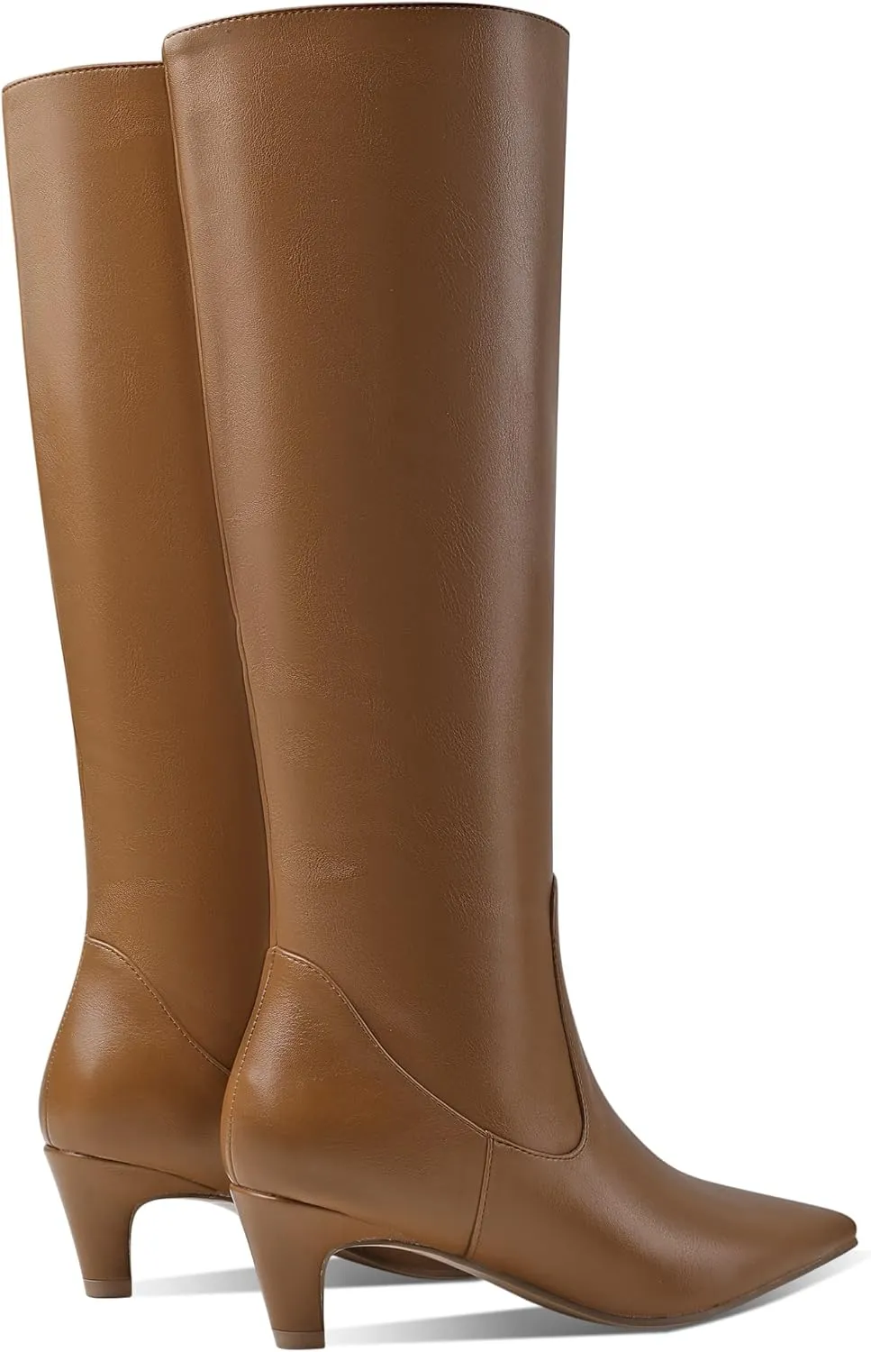 LEMUTISME Women's Fashion Square Toe Matte Leather Solid Color Wide Calf Comfortable Slip On Low Kitten Heel Dress Knee High Boots
