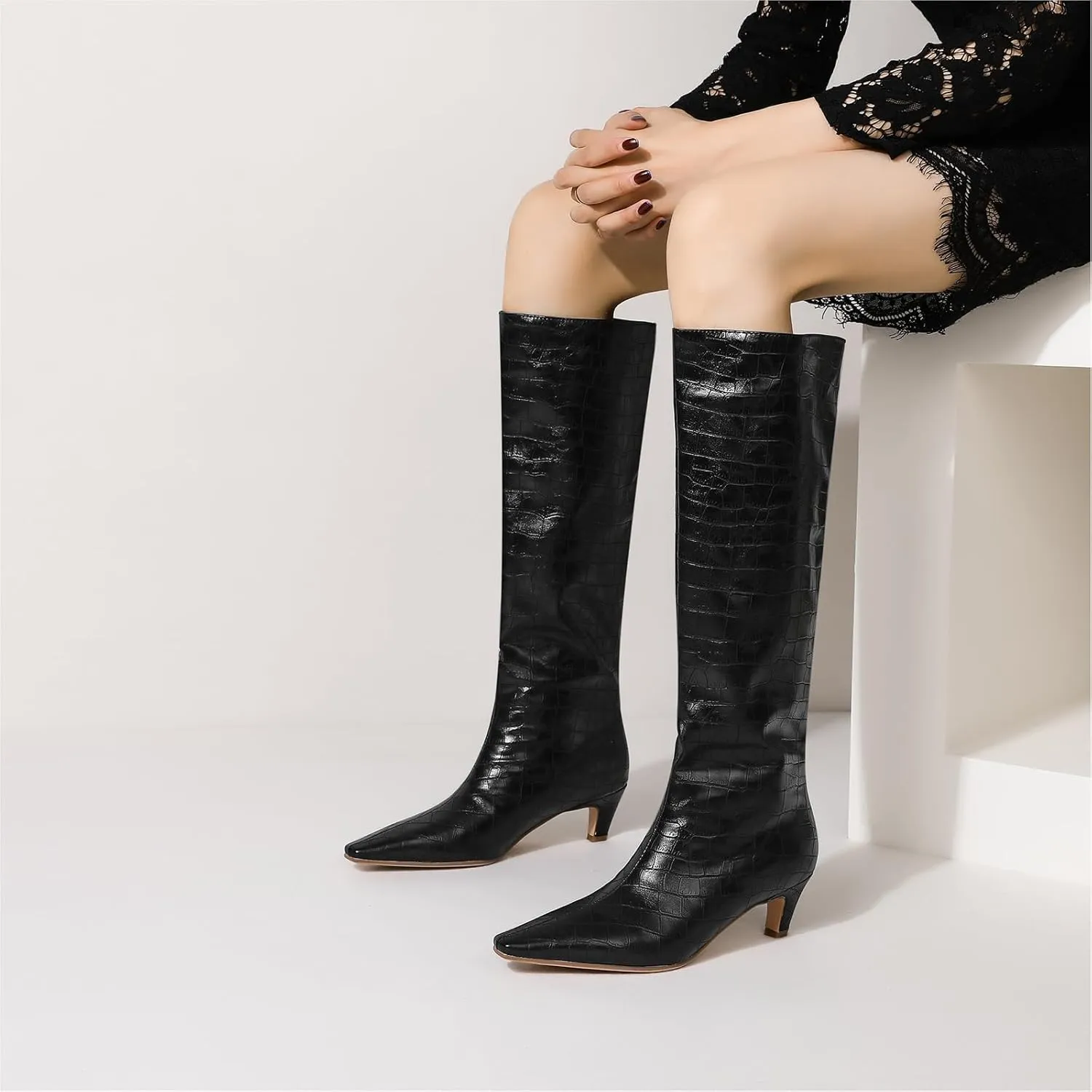 LEMUTISME Women's Fashion Square Toe Matte Leather Solid Color Wide Calf Comfortable Slip On Low Kitten Heel Dress Knee High Boots