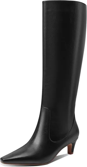 LEMUTISME Women's Fashion Square Toe Matte Leather Solid Color Wide Calf Comfortable Slip On Low Kitten Heel Dress Knee High Boots