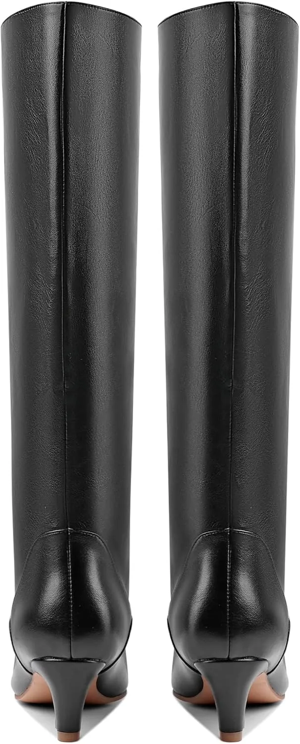 LEMUTISME Women's Fashion Square Toe Matte Leather Solid Color Wide Calf Comfortable Slip On Low Kitten Heel Dress Knee High Boots