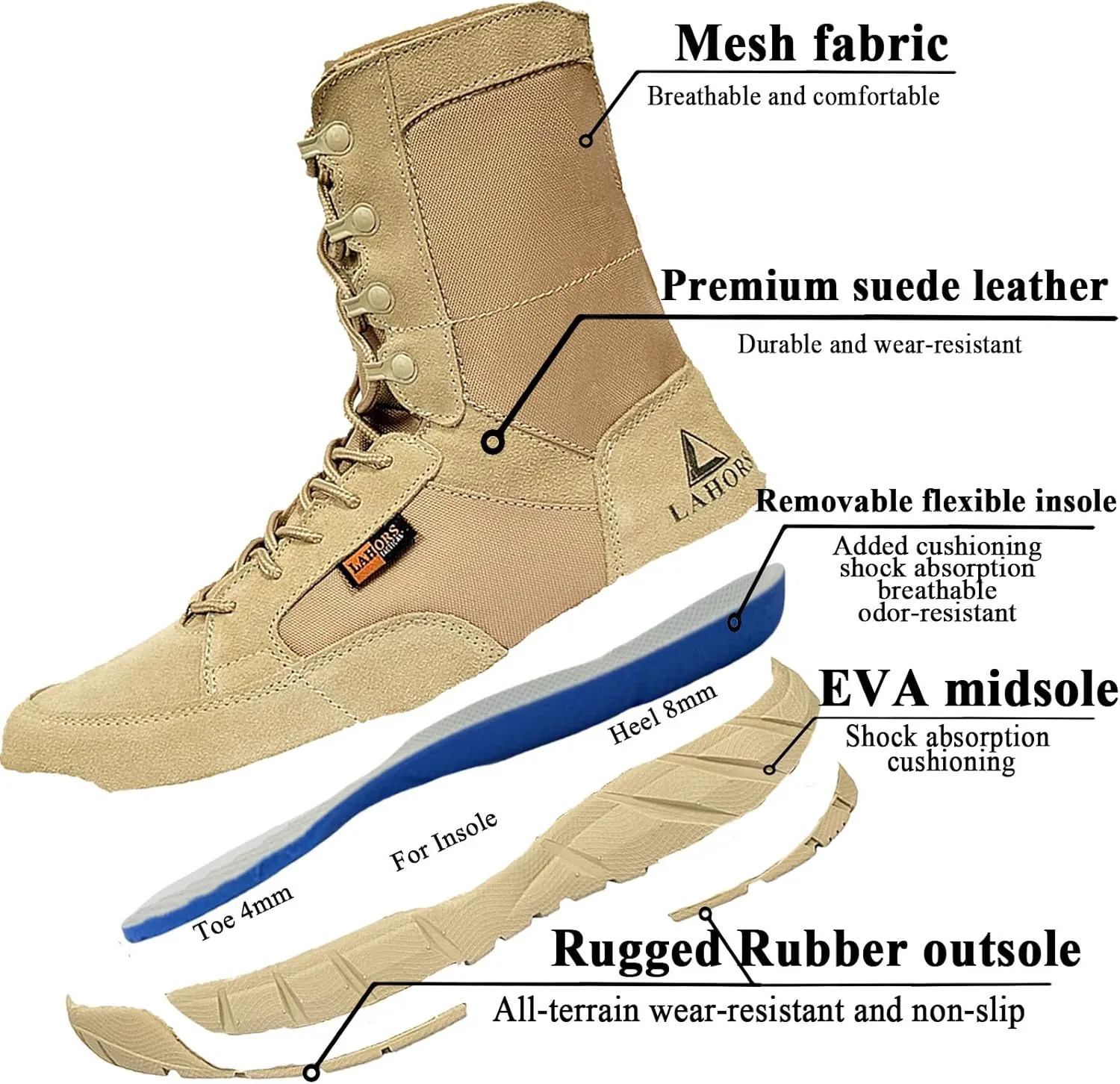Lightweight Mens Tactical Shoes Combat Boots Coyote Brown Boots Military Training Lace Up Outdoor Hiking Breathable Army Shoe Side Zipper