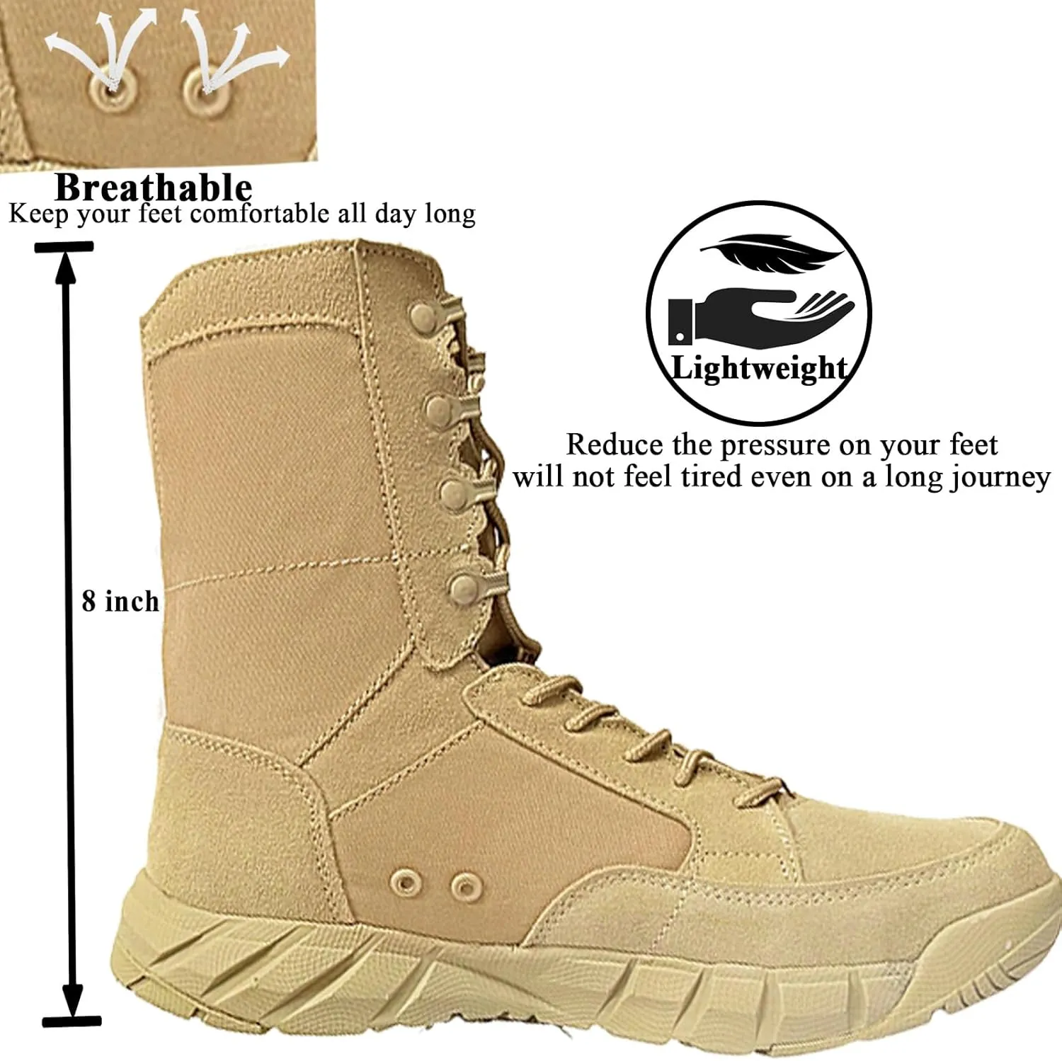 Lightweight Mens Tactical Shoes Combat Boots Coyote Brown Boots Military Training Lace Up Outdoor Hiking Breathable Army Shoe Side Zipper