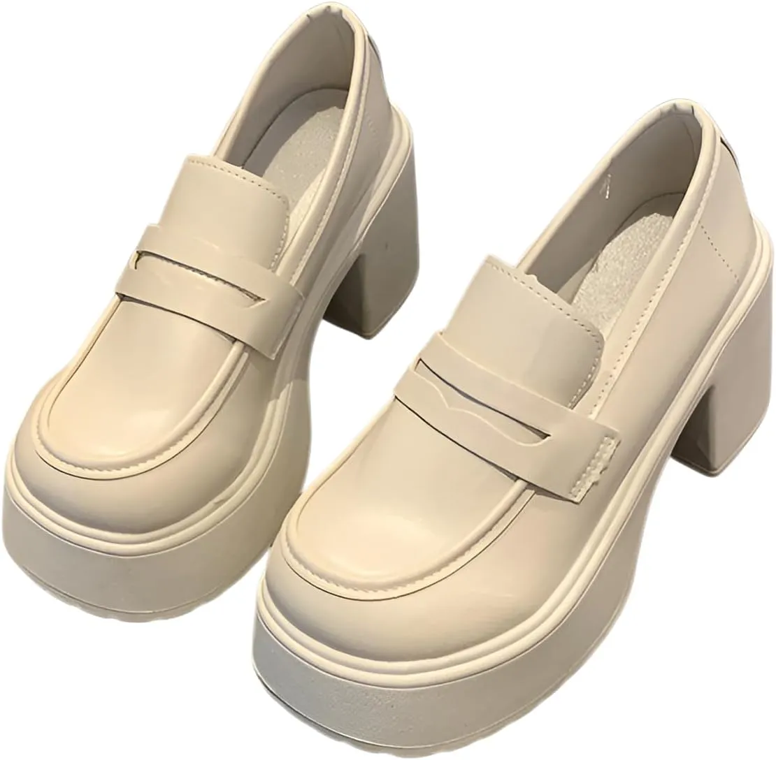 lilaBelle]【French Style Loafers Women Chunky Platform Heels Shoes with Non-Slip Rubber Sole, Retro Office/Casual/Formal Leather Shoes for Women, Spring/Autumn Comfortable PU Leather Oxfords