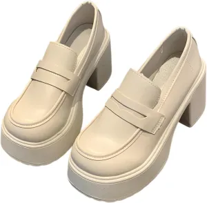 lilaBelle]【French Style Loafers Women Chunky Platform Heels Shoes with Non-Slip Rubber Sole, Retro Office/Casual/Formal Leather Shoes for Women, Spring/Autumn Comfortable PU Leather Oxfords