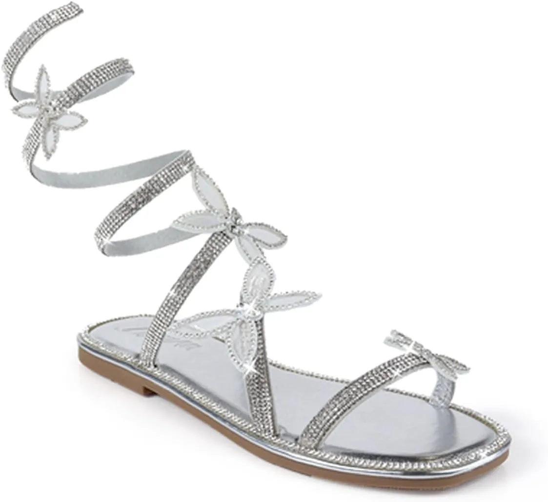Liliana Women Butterfly Rhinestone Wrap-around Flat Sandals Flat Butterfly Sandals, 6 Narrow