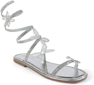 Liliana Women Butterfly Rhinestone Wrap-around Flat Sandals Flat Butterfly Sandals, 6 Narrow