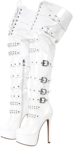 LISHAN Women's Platform High Heels Thigh High Boots Lace Up Stilettos