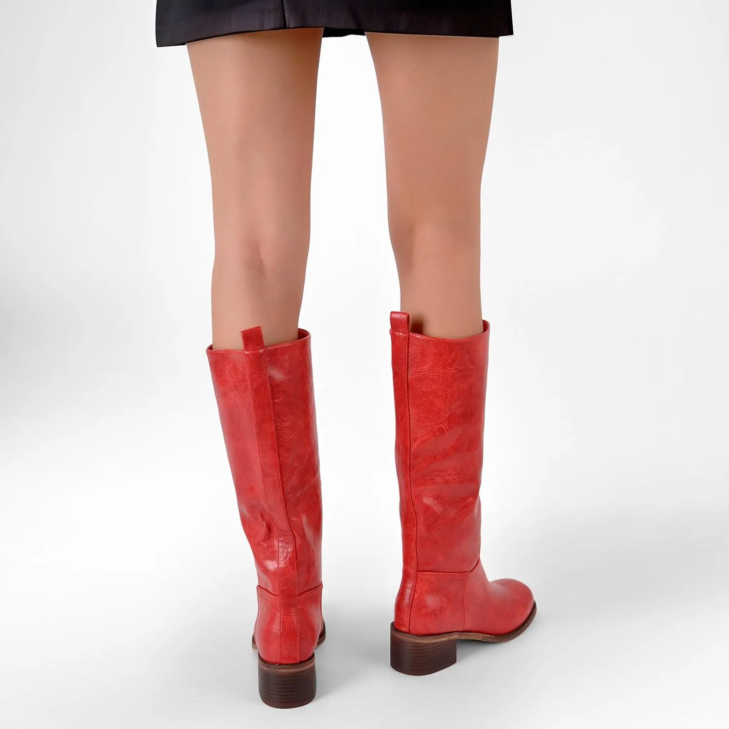 LISHAN Women's Under the Knee High Boots Pull On Square Toe Block Low Heels