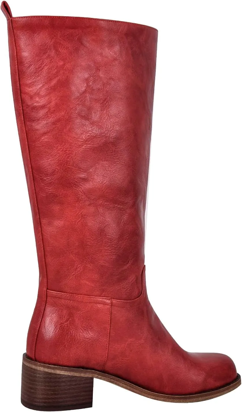 LISHAN Women's Under the Knee High Boots Pull On Square Toe Block Low Heels
