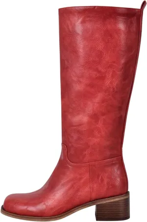 LISHAN Women's Under the Knee High Boots Pull On Square Toe Block Low Heels