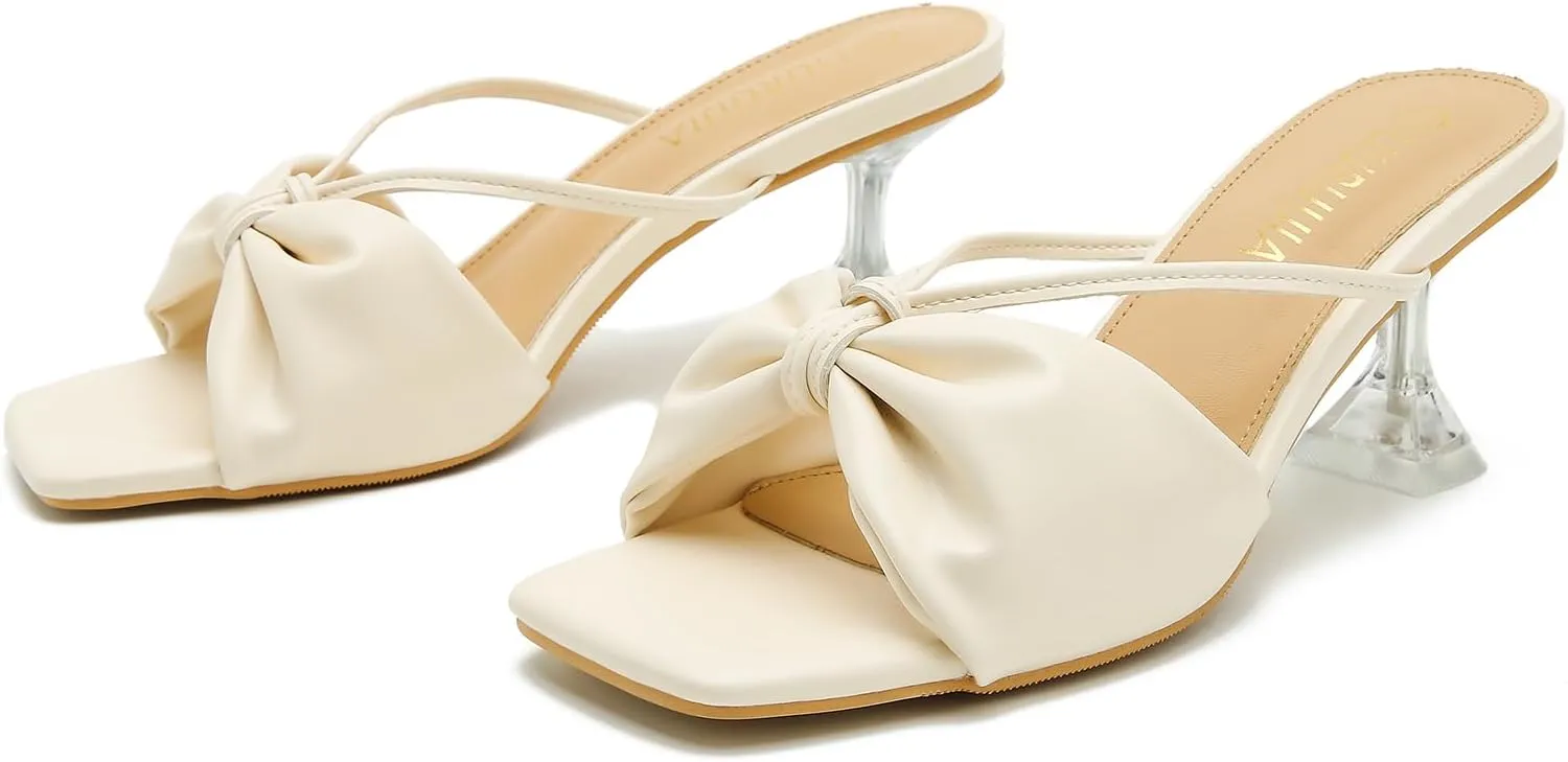 LIURUIJIA Women's Bow Strap Slip On Heeled Sandals Square Toe 2" Clear Heel Comfortable Heels Mules