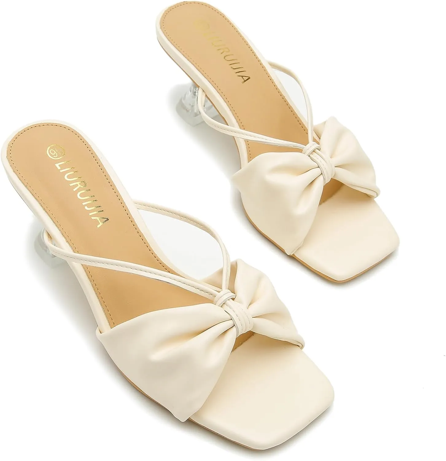 LIURUIJIA Women's Bow Strap Slip On Heeled Sandals Square Toe 2" Clear Heel Comfortable Heels Mules