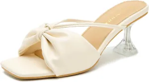 LIURUIJIA Women's Bow Strap Slip On Heeled Sandals Square Toe 2" Clear Heel Comfortable Heels Mules