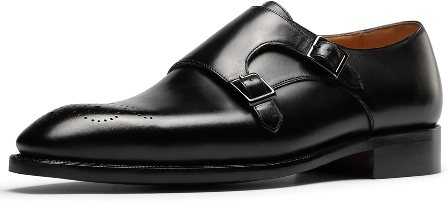Loafers for Men - Genuine Calfskin Brogue Monk Strap Shoes | Double Buckle Dress Shoes with Perforated Detailing | Business Formal & Casual