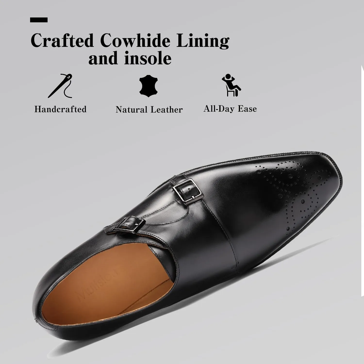 Loafers for Men - Genuine Calfskin Brogue Monk Strap Shoes | Double Buckle Dress Shoes with Perforated Detailing | Business Formal & Casual