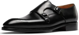 Loafers for Men - Genuine Calfskin Brogue Monk Strap Shoes | Double Buckle Dress Shoes with Perforated Detailing | Business Formal & Casual