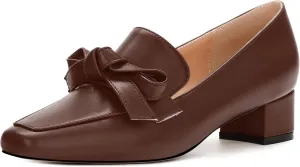 Loafers with Heels for Womens Bowknot Chunky Low Heels, Women's Pumps Closed Square Toe Slip On Dress Shoes