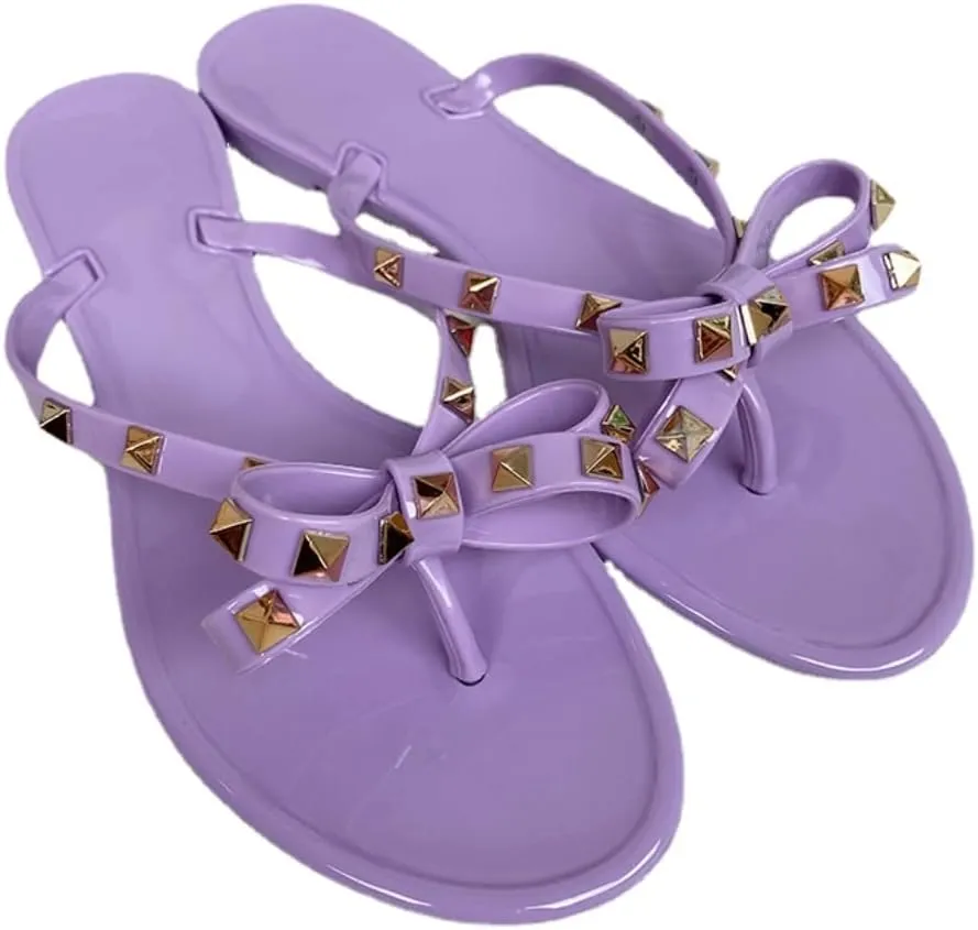 Loizziuy Women's Jelly Diamond Sandals PVC Flat Shoes Summer Slides Fashion Bow Summer Slides Fashion Bow