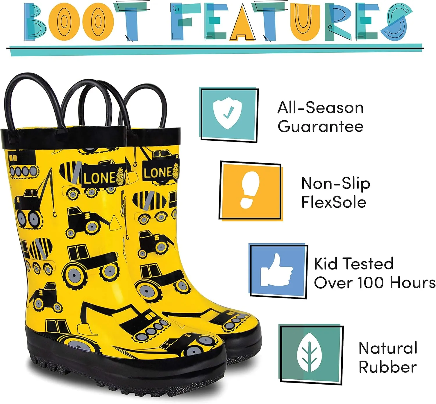 Lone Cone Kids Rain Boots for Girls & Boys – Waterproof Natural Rubber Toddler Rain Boots with Non-Slip Outsole & Easy Pull Handles – Solid, Pattern & Glitter Designs