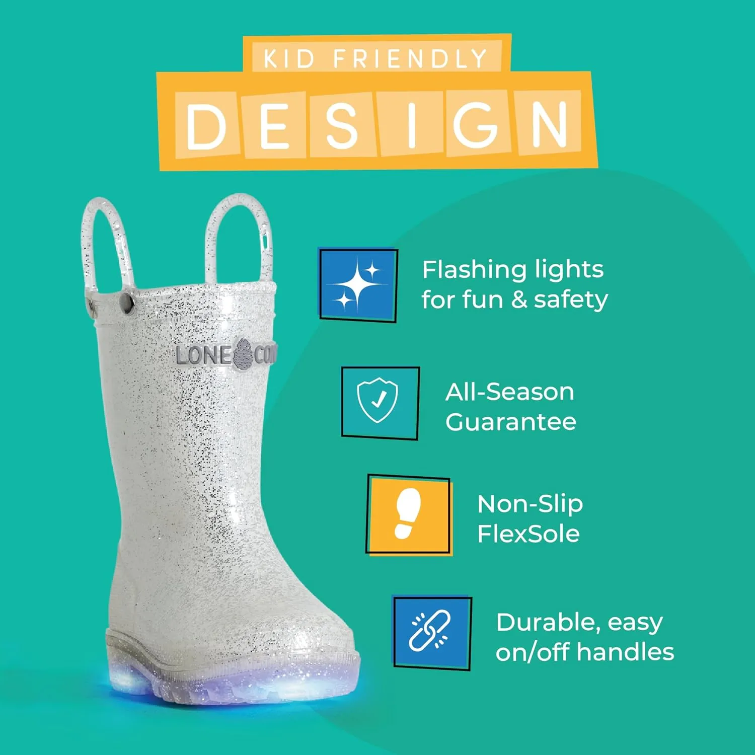 Lone Cone Kids Rain Boots for Girls & Boys – Waterproof Natural Rubber Toddler Rain Boots with Non-Slip Outsole & Easy Pull Handles – Solid, Pattern & Glitter Designs
