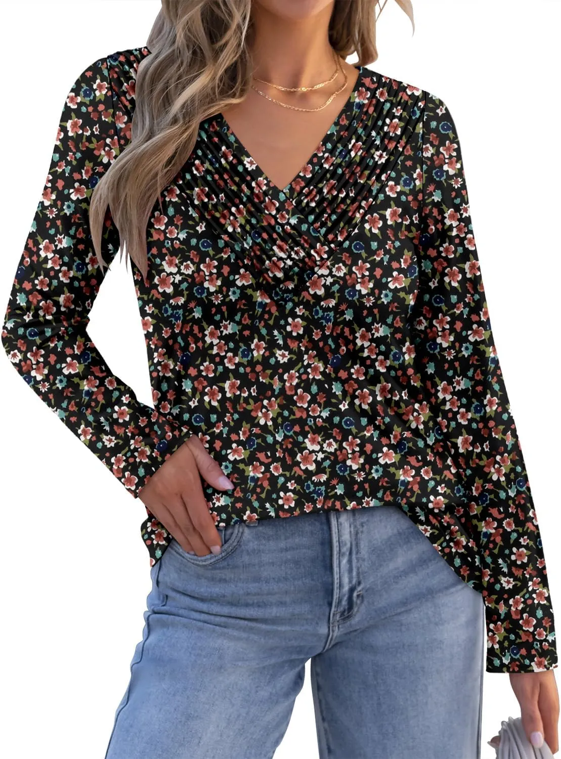 Long Sleeve Shirts for Women Fashion V Neck Basics Casual Top Fitted Tunic Tops