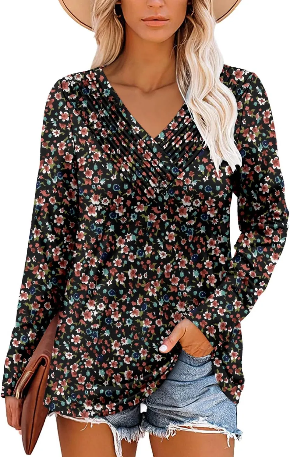 Long Sleeve Shirts for Women Fashion V Neck Basics Casual Top Fitted Tunic Tops