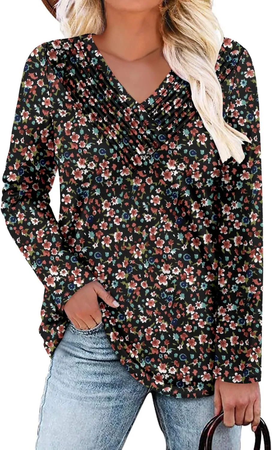 Long Sleeve Shirts for Women Fashion V Neck Basics Casual Top Fitted Tunic Tops