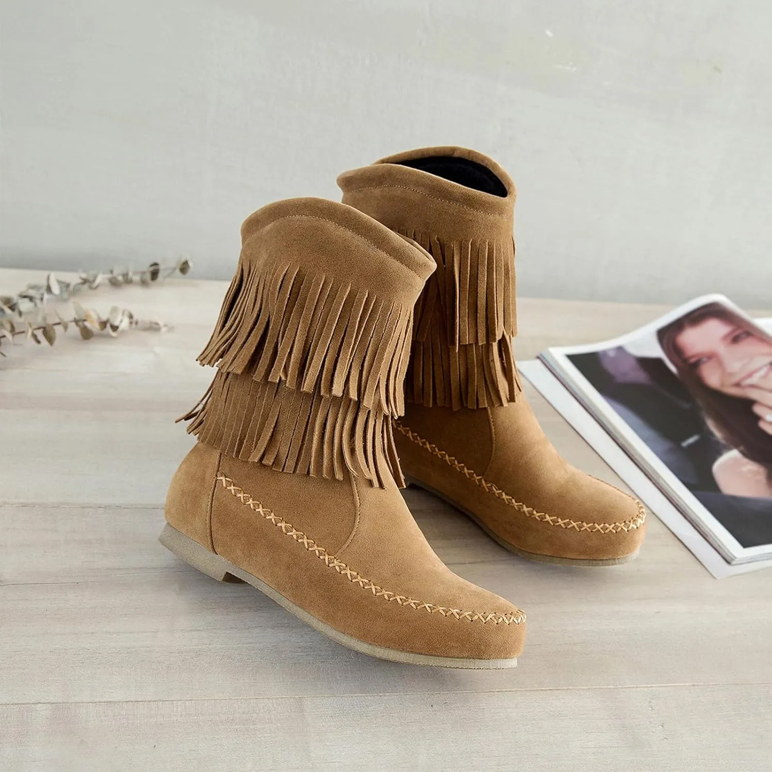 Lossarye Women's Suede Double Tassel Flat Mid-Calf Boots Comfortable Round Toe Slip-On Retro Western Short Boots Fashion Fringe Ankle Boots