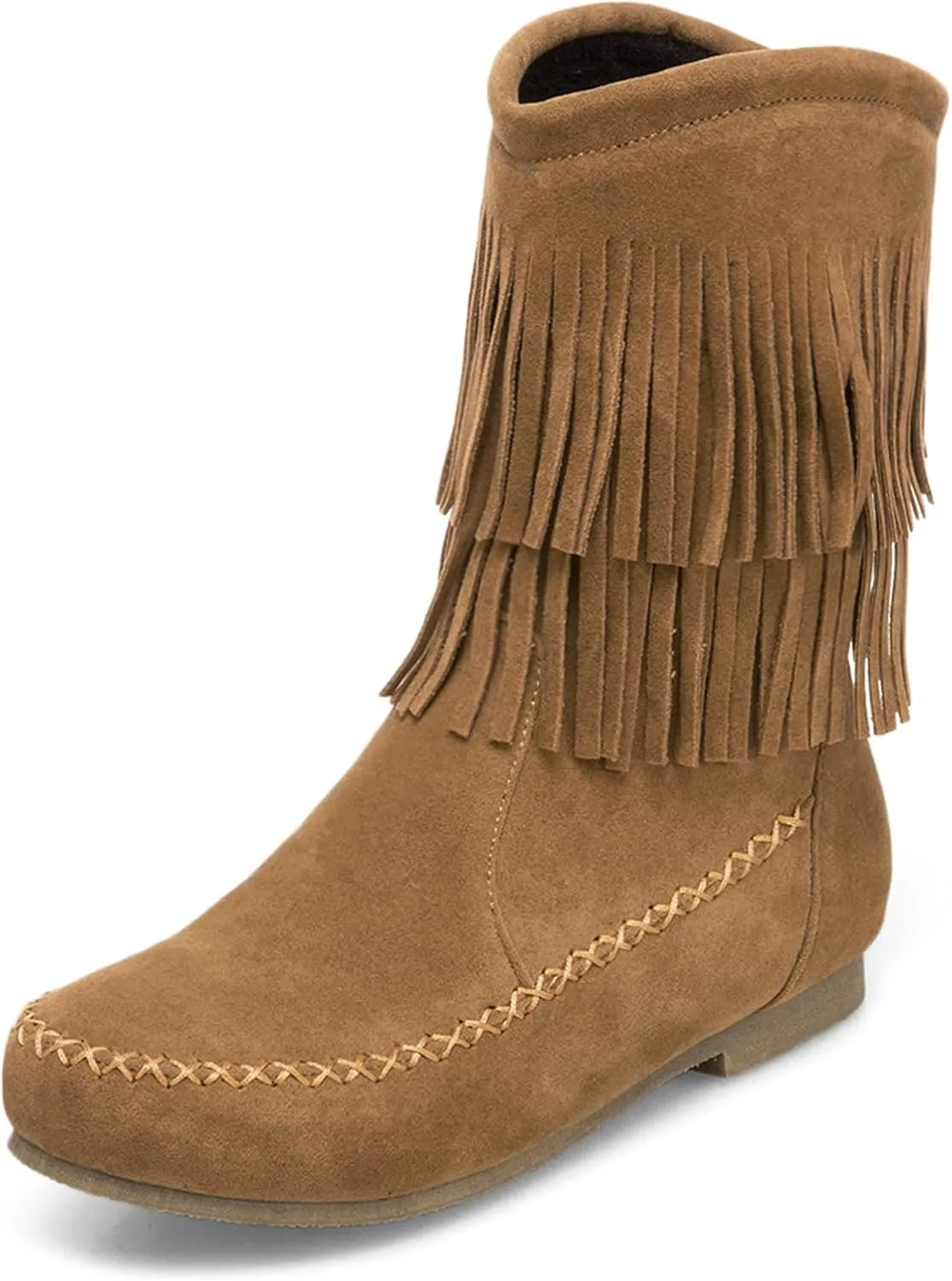 Lossarye Women's Suede Double Tassel Flat Mid-Calf Boots Comfortable Round Toe Slip-On Retro Western Short Boots Fashion Fringe Ankle Boots