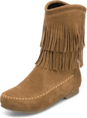 Lossarye Women's Suede Double Tassel Flat Mid-Calf Boots Comfortable Round Toe Slip-On Retro Western Short Boots Fashion Fringe Ankle Boots