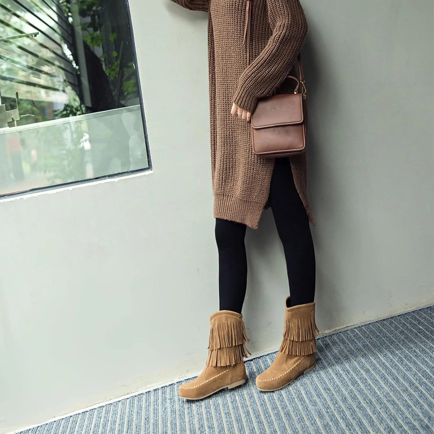 Lossarye Women's Suede Double Tassel Flat Mid-Calf Boots Comfortable Round Toe Slip-On Retro Western Short Boots Fashion Fringe Ankle Boots