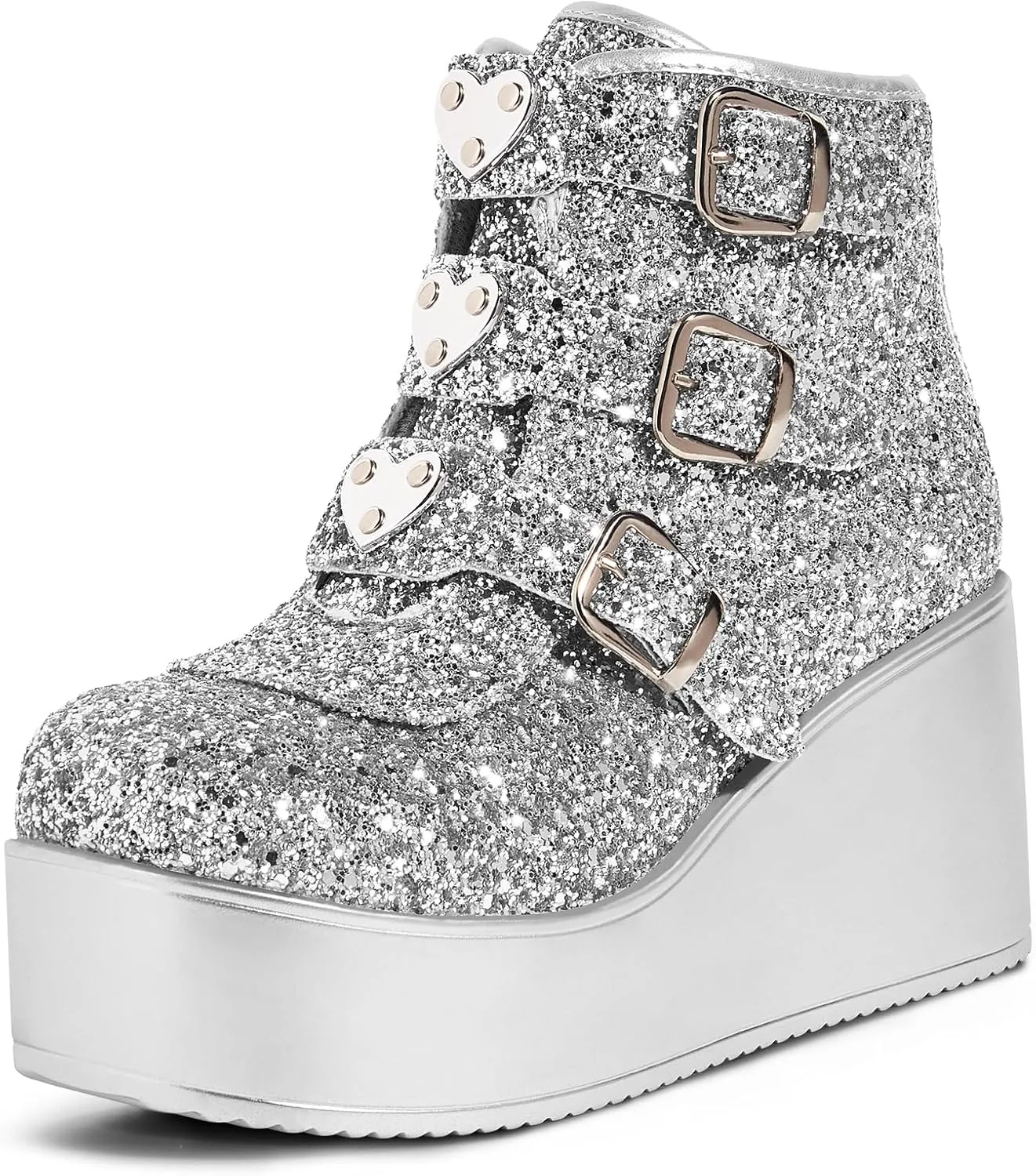 LUCKY STEP Women Platform Chunky Ankle Boots - Round Toe Zipper Wedges High Heels Rave Buckle Thick Sole Goth Booties