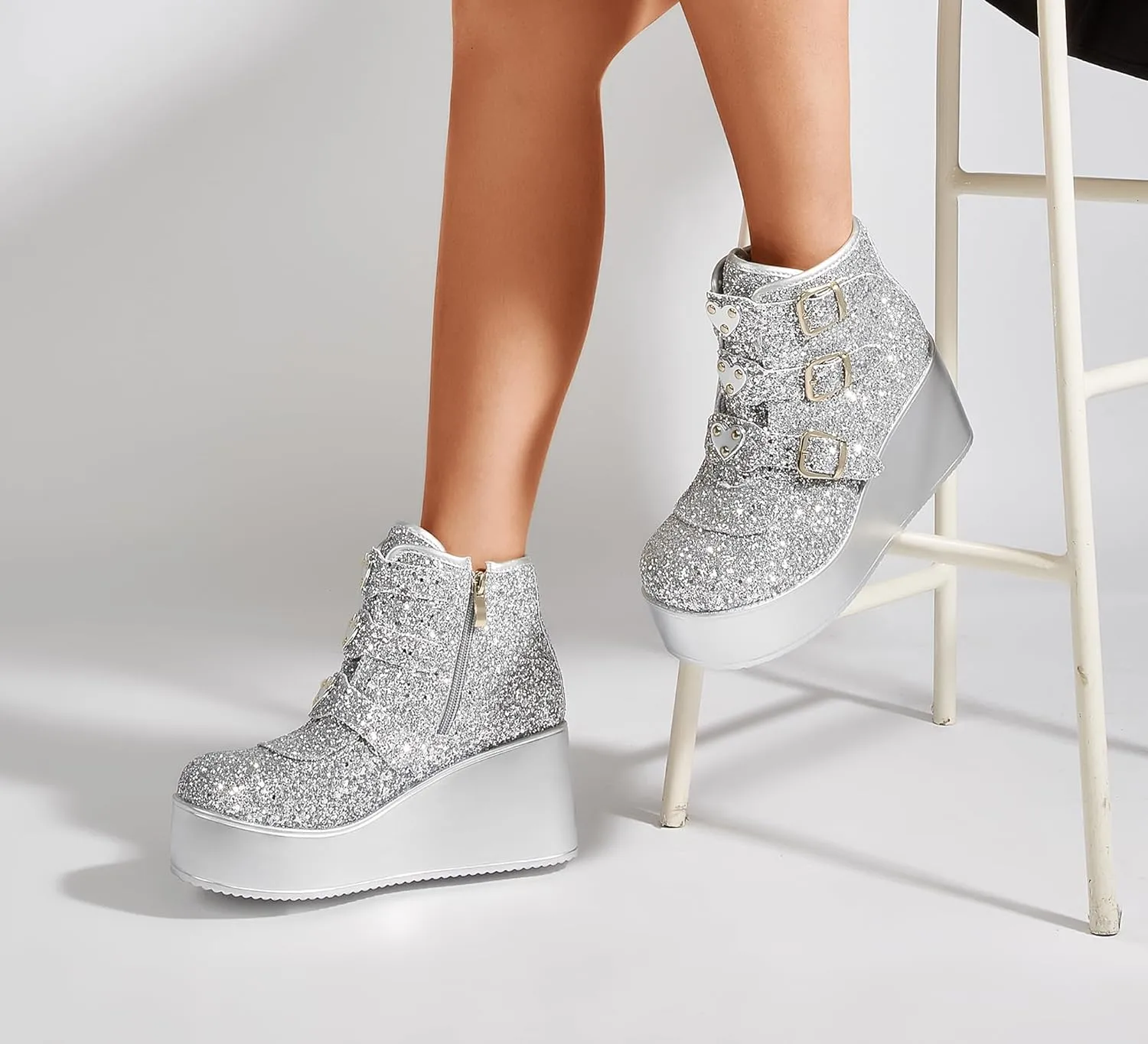 LUCKY STEP Women Platform Chunky Ankle Boots - Round Toe Zipper Wedges High Heels Rave Buckle Thick Sole Goth Booties