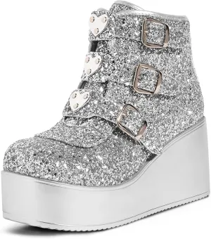 LUCKY STEP Women Platform Chunky Ankle Boots - Round Toe Zipper Wedges High Heels Rave Buckle Thick Sole Goth Booties